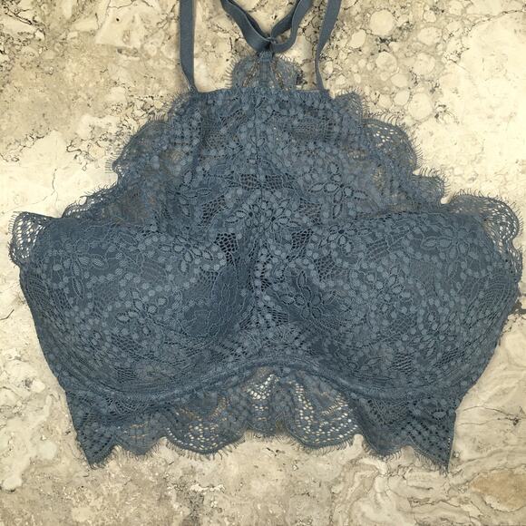 PINK Victoria’s Secret Eyelash Lace High Neck Racerback Push Up Bralette Blue - Picture 5 of 16